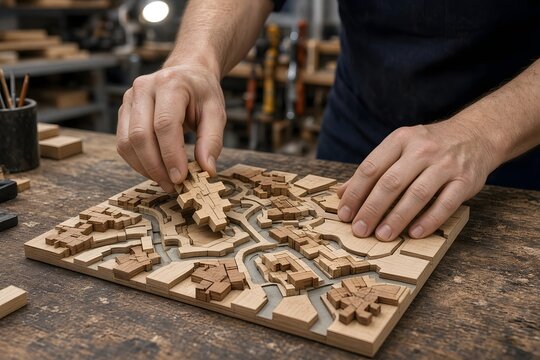 Hands assembling a wooden city puzzle in a makerspace