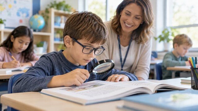 A Teacher Assists a Curious Student with a Magnifying Glass in a Bright Classroom Setting Full of Engaged Learners and Educational Activities