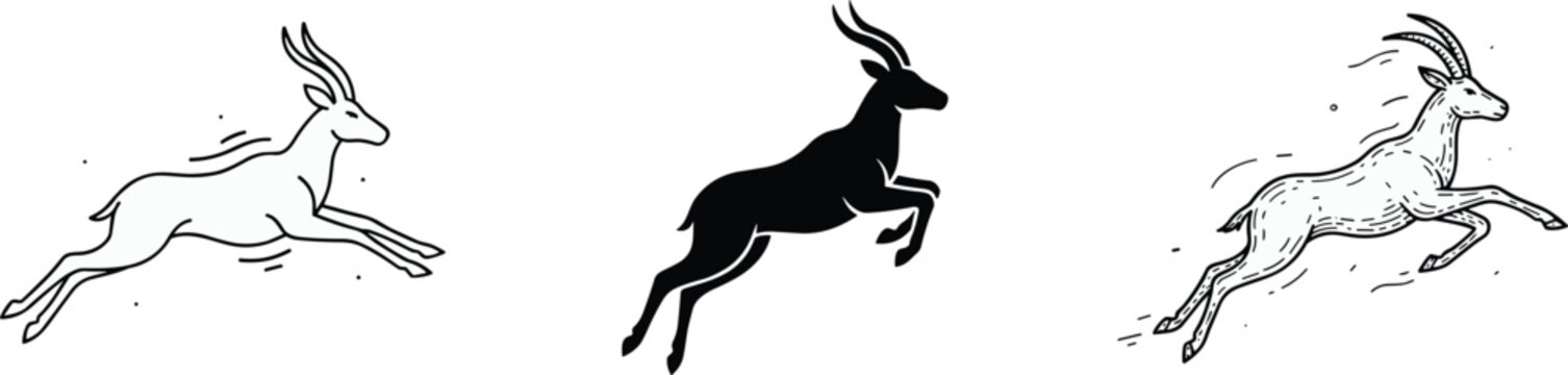 Running Gazelle and Antelope Vector Set with Jumping Deer Silhouette Line Art and Hand Drawn Engraving Style Animals for Nature Emblem Logo Designs