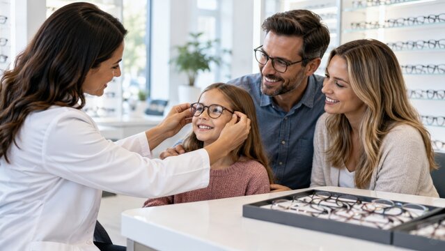 Optometrist Assisting Young Patient with Glasses Fitting While Parents Observe, Capturing Family Moment in Optical Store