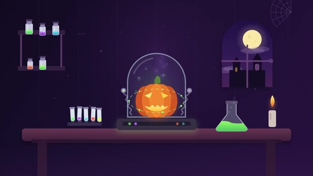 Halloween Pumpkin Experiment in a Magical Alchemist Laboratory