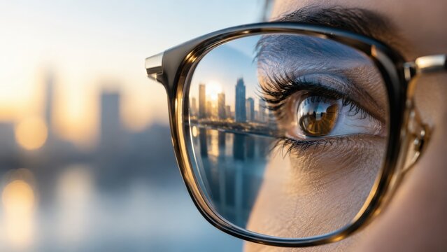 Close-Up of an Eye Behind Stylish Glasses Reflecting a Cityscape at Sunset, Capturing the Fusion of Nature and Urban Life