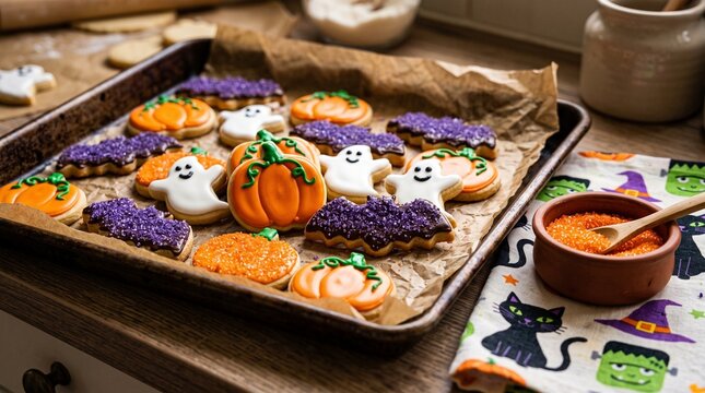 homemade halloween sugar cookies shaped like ghosts and orange pumpkins