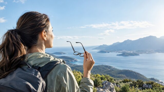 A Hiker Enjoying a Scenic View Overlooking a Majestic Mountain Landscape and Serene Waters While Holding Sunglasses