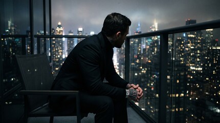 Fototapeta premium Serious businessman sitting alone on a city balcony at night with smartphone