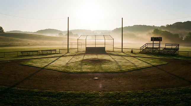 An empty rural baseball field at sunrise with morning mist rising over the outfield