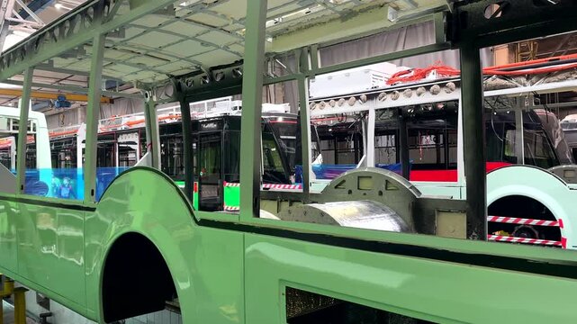Bus manufacturing workshop. BKM HOLDING Plant for production of trams, EV buses, trolleybuses. Modern urban electric transport. EV puplic transport manufacturing factory. Belarus, Minsk, Aug 8, 2026