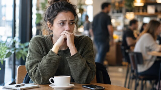 A Woman in a Coffee Shop Lost in Thought, Expressing Contemplation and Emotion While Observing the Bustling Atmosphere Around Her