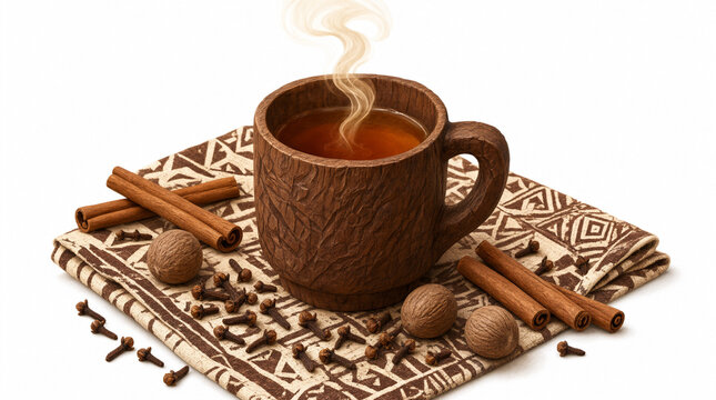 Steaming Hot Spiced Tea in a Rustic Wooden Cup