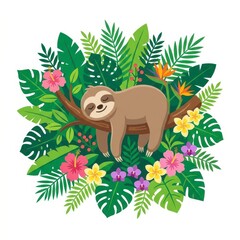 Obraz premium Sloth sleeping on a branch surrounded by tropical plants