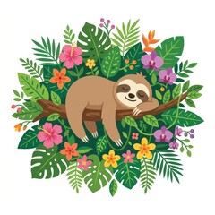 Obraz premium Sloth sleeping on a branch surrounded by tropical plants