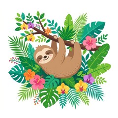 Obraz premium Sloth hanging on a branch with tropical leaves and flowers