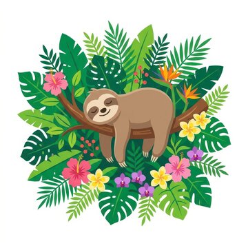 Sloth sleeping on a branch surrounded by tropical plants