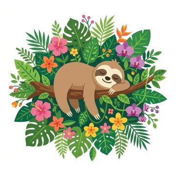 Sloth sleeping on a branch surrounded by tropical plants