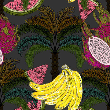 Pattern featuring tropical fruits and palm, banana, watermelon, pitaya and exotic vegetation. illustration in a maximalist folk art style