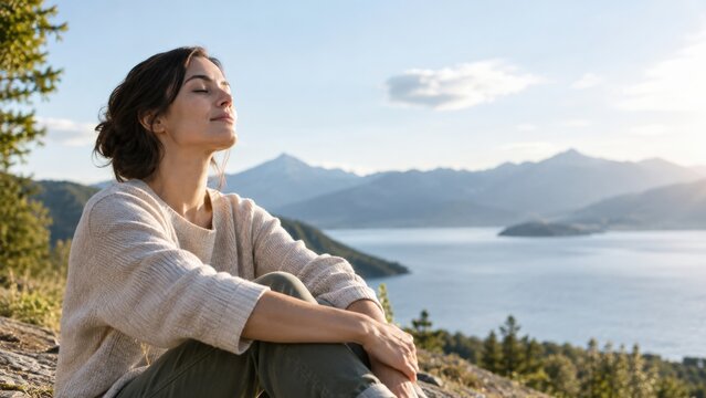 A Serene Moment of Reflection by the Lake: Embracing Nature's Tranquility and the Beauty of the Mountains in a Peaceful Outdoor Setting