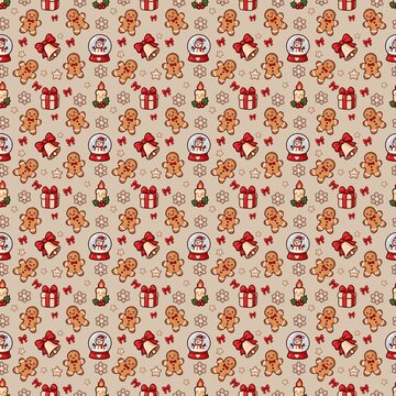 Christmas seamless pattern with gingerbread men, gifts, bows and snowflakes for fabric, apparel, pajamas, textiles and gift wrap.