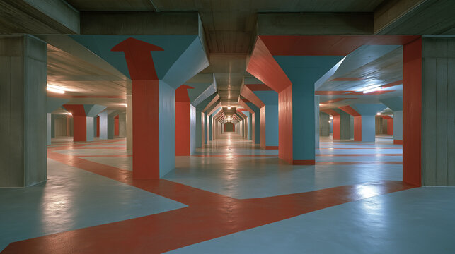 Underground parking garage with red and blue directional arrows