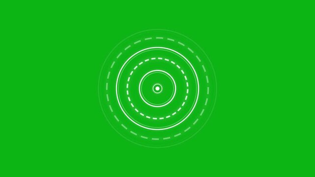 White Concentric Ripple Rings Pulsing Outward on Green Screen. Solid and Dashed Circles Expanding From Center Dot. HUD Radar Signal Wave Animation. Chroma Key
