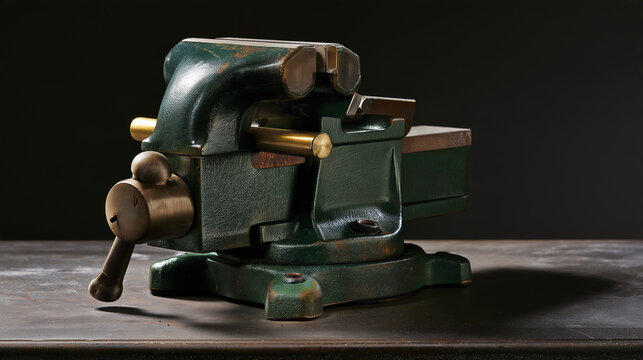 Vintage green bench vise with brass handle on dark workbench