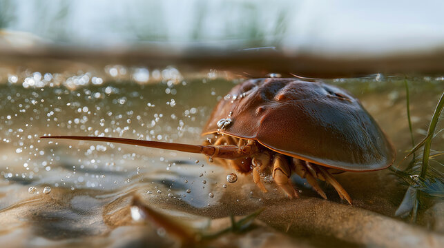 Horseshoe crab in shallow water with bubbles and sandy bottom