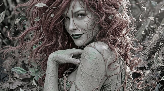 Fantasy forest nymph with green skin and flowing red hair among autumn leaves.