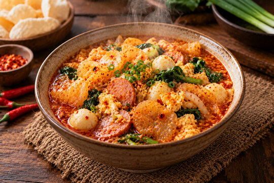 Spicy Indonesian Seblak with Crackers, Fish Balls and Sausage in Chili Broth