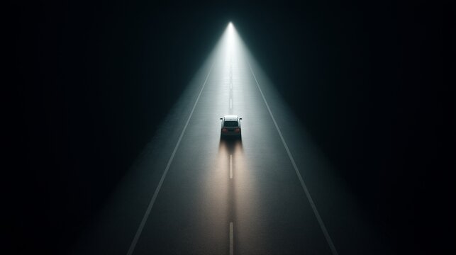  UFO spotlight on car &mdash; top view of vehicle caught in bright beam on deserted highway at night. Strong visual metaphor of abduction, surveillance and unknown forces.