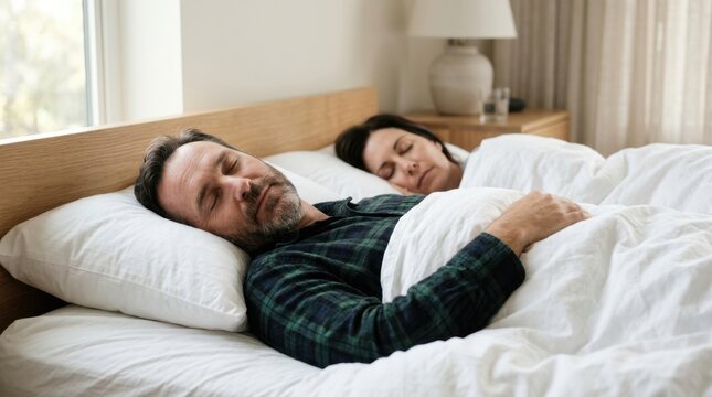 Middle aged couple sleeping peacefully in a comfortable bed with white bedding