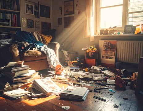 Sunlight streams into a messy, cluttered living room filled with books and papers.