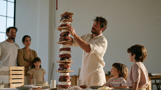 Charcuterie specialist balancing a precarious tower of cured meat boards for an Easter lily church display catering setup, a stack of wooden crates ready to move stacked beside