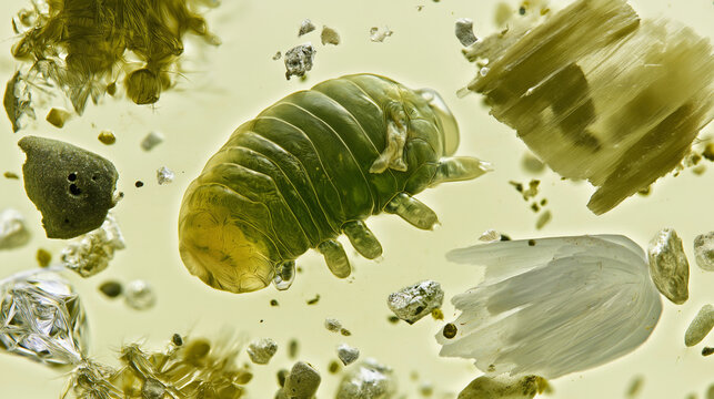 Green isopod larva floating in microscopic aquatic environment
