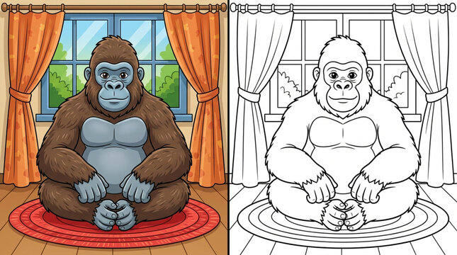Cute Cartoon Gorilla Sitting in Room Coloring Book Page for Kids