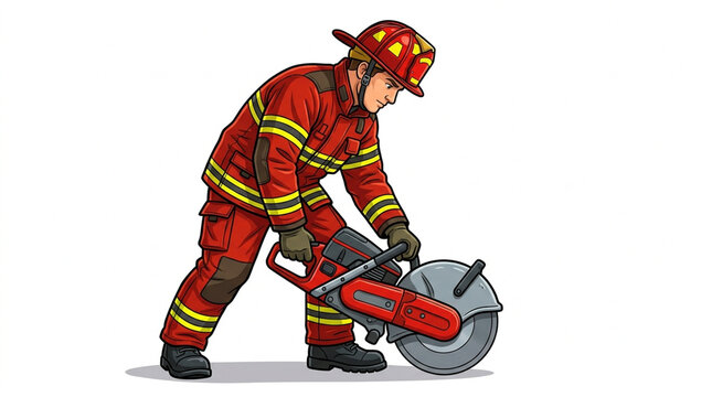 Professional Firefighter Using Rescue Circular Saw Illustration Isolated on White Background