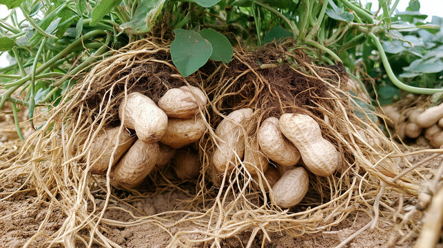 Peanuts harvested from soil with roots and green vines