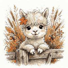 Fototapeta premium Cute fluffy alpaca standing behind a wooden fence decorated with autumn leaves and acorns in a whimsical watercolor sketch style