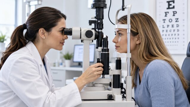 A Detailed Eye Examination: An Optometrist Conducting Vision Tests with Advanced Equipment for Patient Care and Eye Health in a Professional Setting