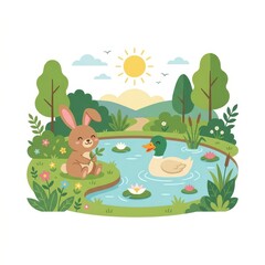 Fototapeta premium Cute rabbit and duck by a pond in nature
