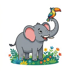 Fototapeta premium Cartoon elephant and toucan bird in a field of flowers