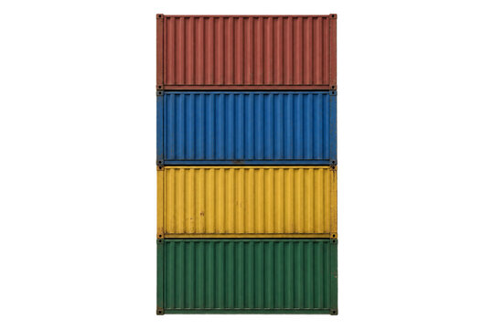 A vertical stack of four colorful shipping containers isolated against a clean white background