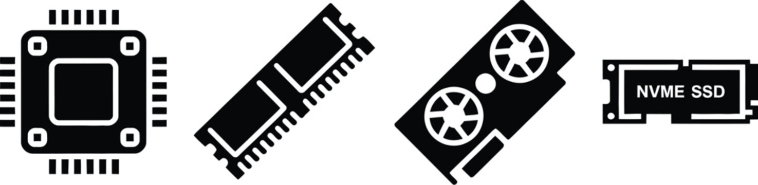 Computer hardware components icon set, CPU, RAM, GPU, and SSD vector symbols for technology, PC building, electronics, computing, hardware stores, websites, and user interface design.