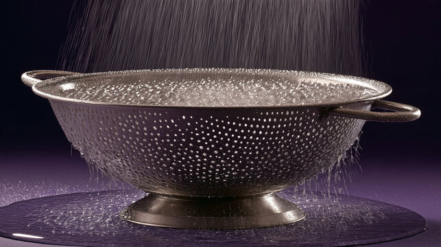 Metal colander being rinsed under running water