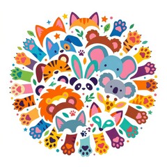 Obraz premium Cute animal faces and paws in a circle