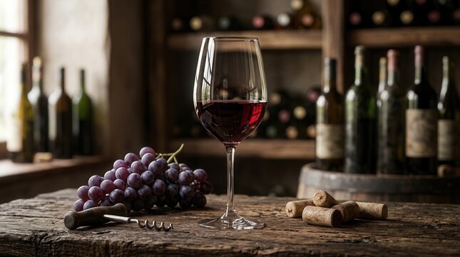 A glass of red wine on the table with a wine bottle and grapes in the background.