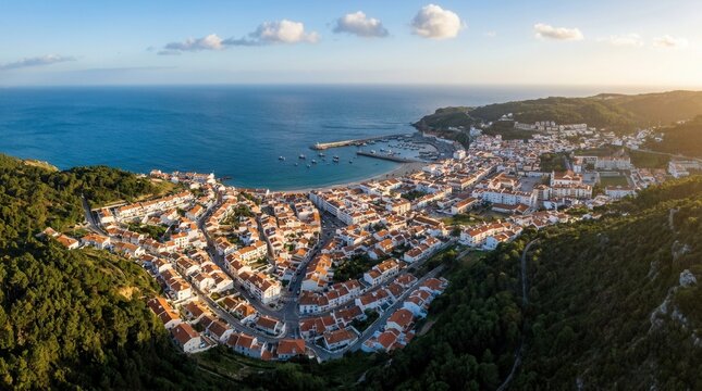 Drone aerial view of Sesimbra, a fishing town in the Setubal district of Portugal.