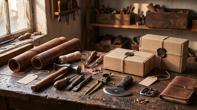 Vintage craft tools arranged on a wooden workbench