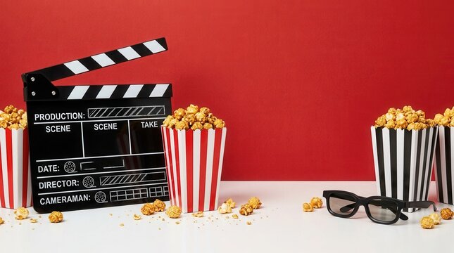 Cinematic anticipation with striped boxes of cheese and caramel popcorn, 3D glasses, and a clapperboard against a red wall for a movie premiere gathering.