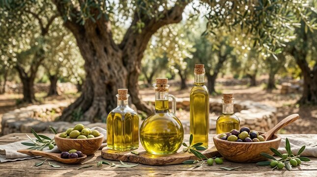 Olive oil and berries on a wooden table under the olive tree.