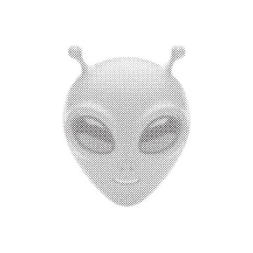Halftone cute alien head with antennas icon and retro dot matrix pattern