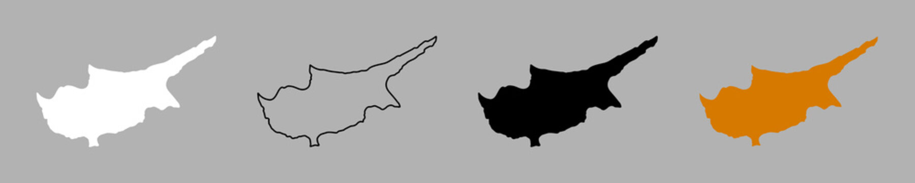 Cyprus island black contour, white, black, yellow icons, stickers set. Cyprus entirety shape of island silhouette from Cyprus flag.